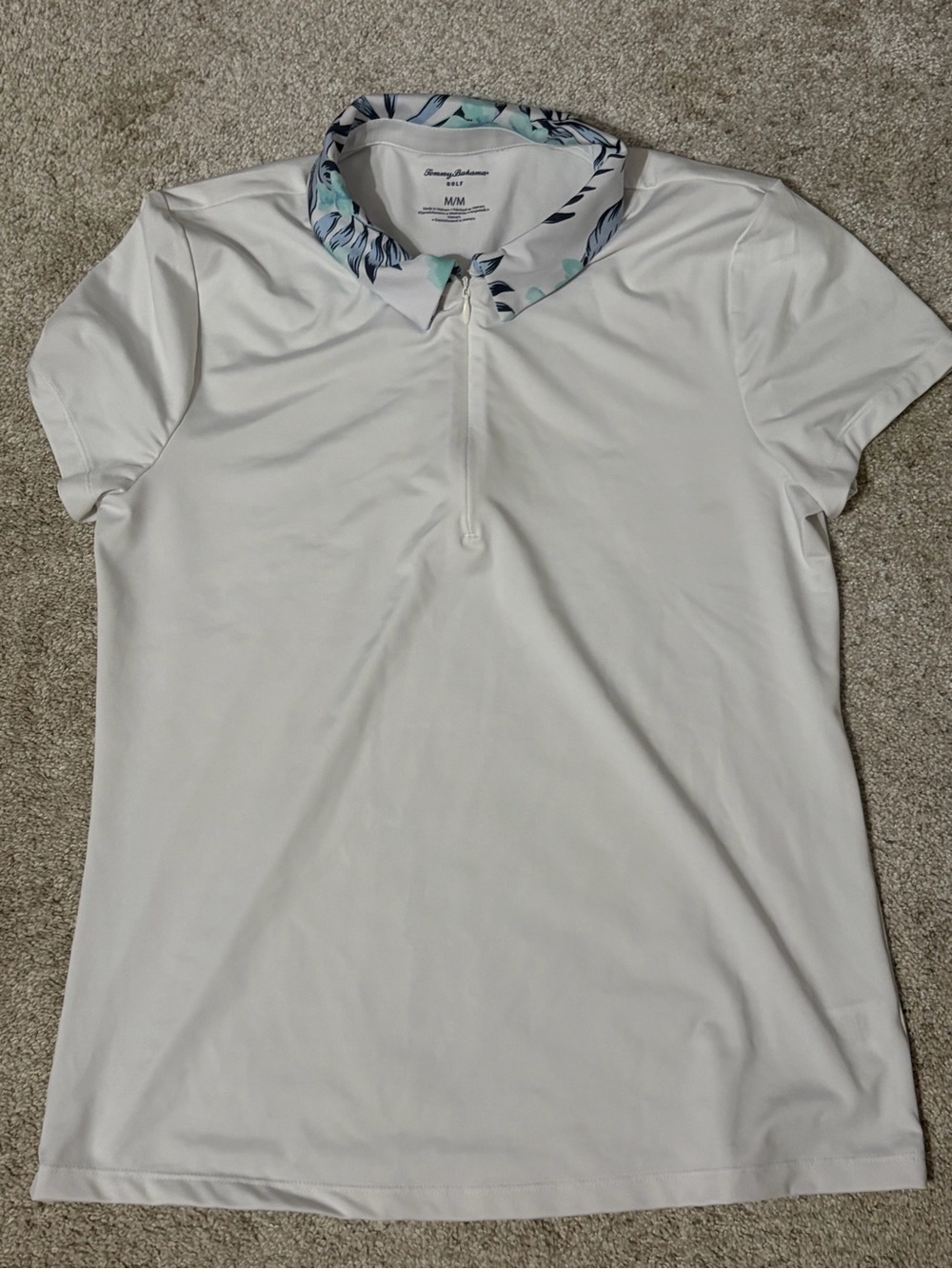 Tommy Bahama White Golf Performance Polo with Blue & Mint Printed Collar